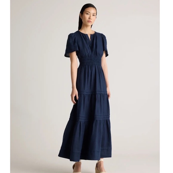 Quince Dresses & Skirts - Quince 100% European Linen Smocked Waist Tiered Maxi Dress Navy Blue Medium NWT